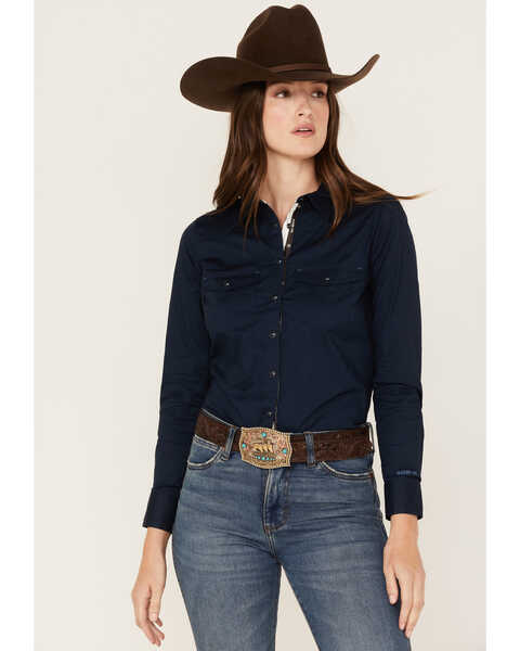 RANK 45 Women's Solid Long Sleeve Western Snap Shirt, Navy, hi-res