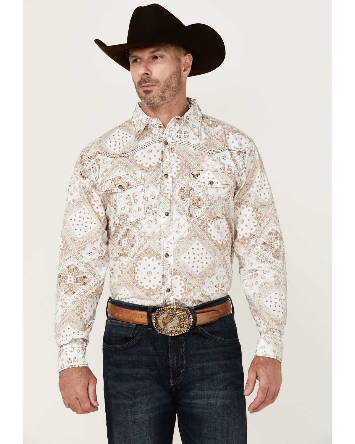 Image #1 - Cowboy Hardware Men's Bandana Print Long Sleeve Snap Western Shirt, Tan, hi-res