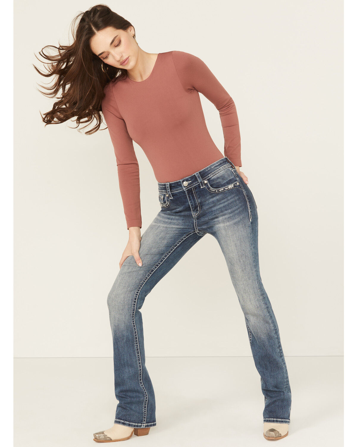 Image #3 - Grace In LA Women's Medium Wash Mid Rise Embroidered Bootcut Stretch Denim Jeans, Medium Wash, hi-res