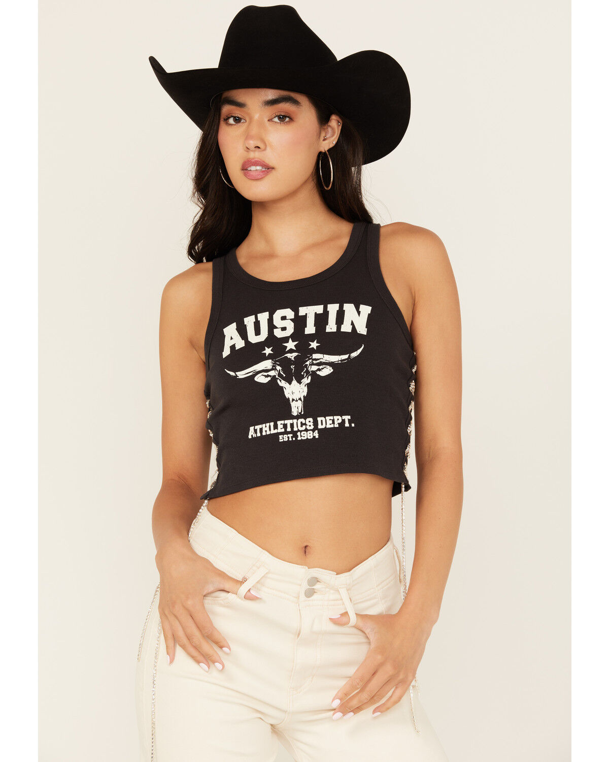 Image #1 - Blended Women's Austin Lace-Up Graphic Tank, Black, hi-res