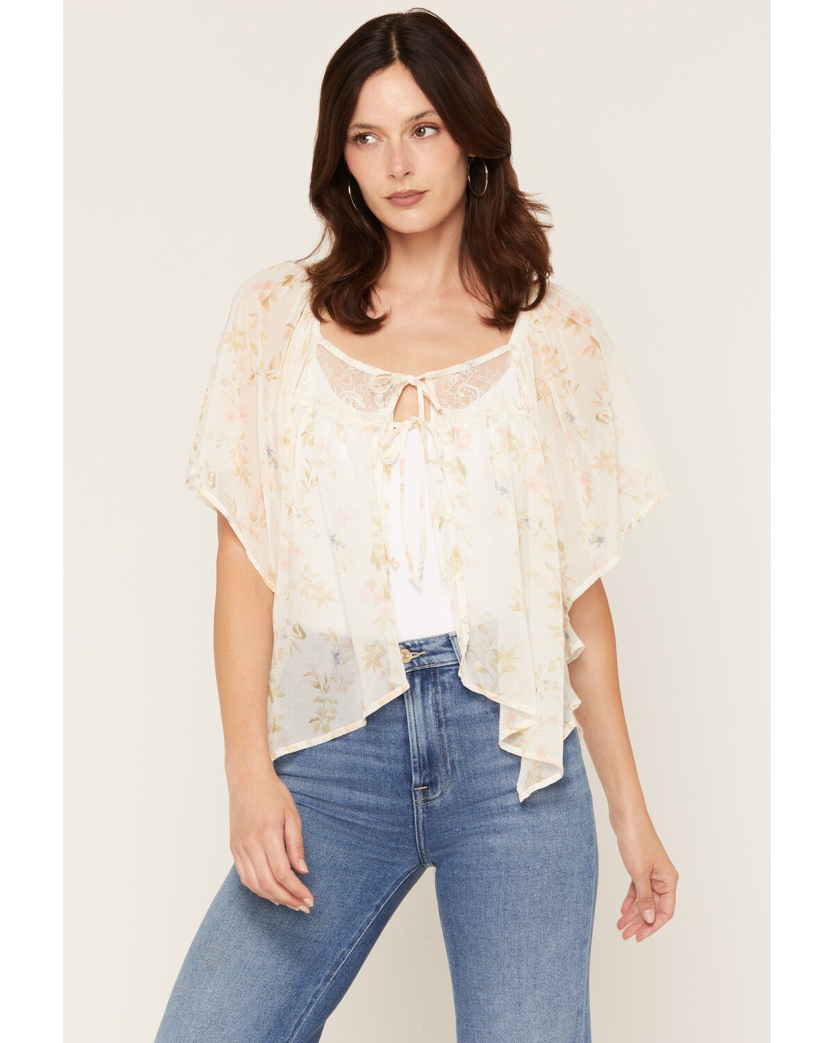 Wild Moss Women's Floral Print Tie-Front Blouse, Ivory, hi-res