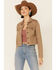Shyanne Women's Tan Fray Hem Button-Front Crop Denim Jacket , Tan, hi-res