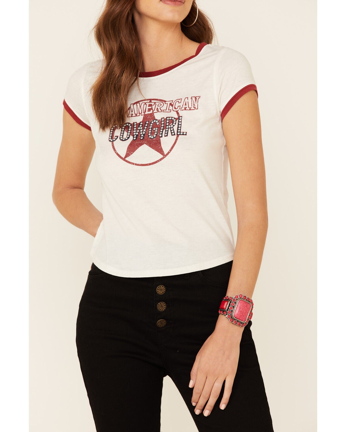 Image #3 - Shyanne Women's All-American Cowgirl Graphic Short Sleeve Ringer Tee, White, hi-res