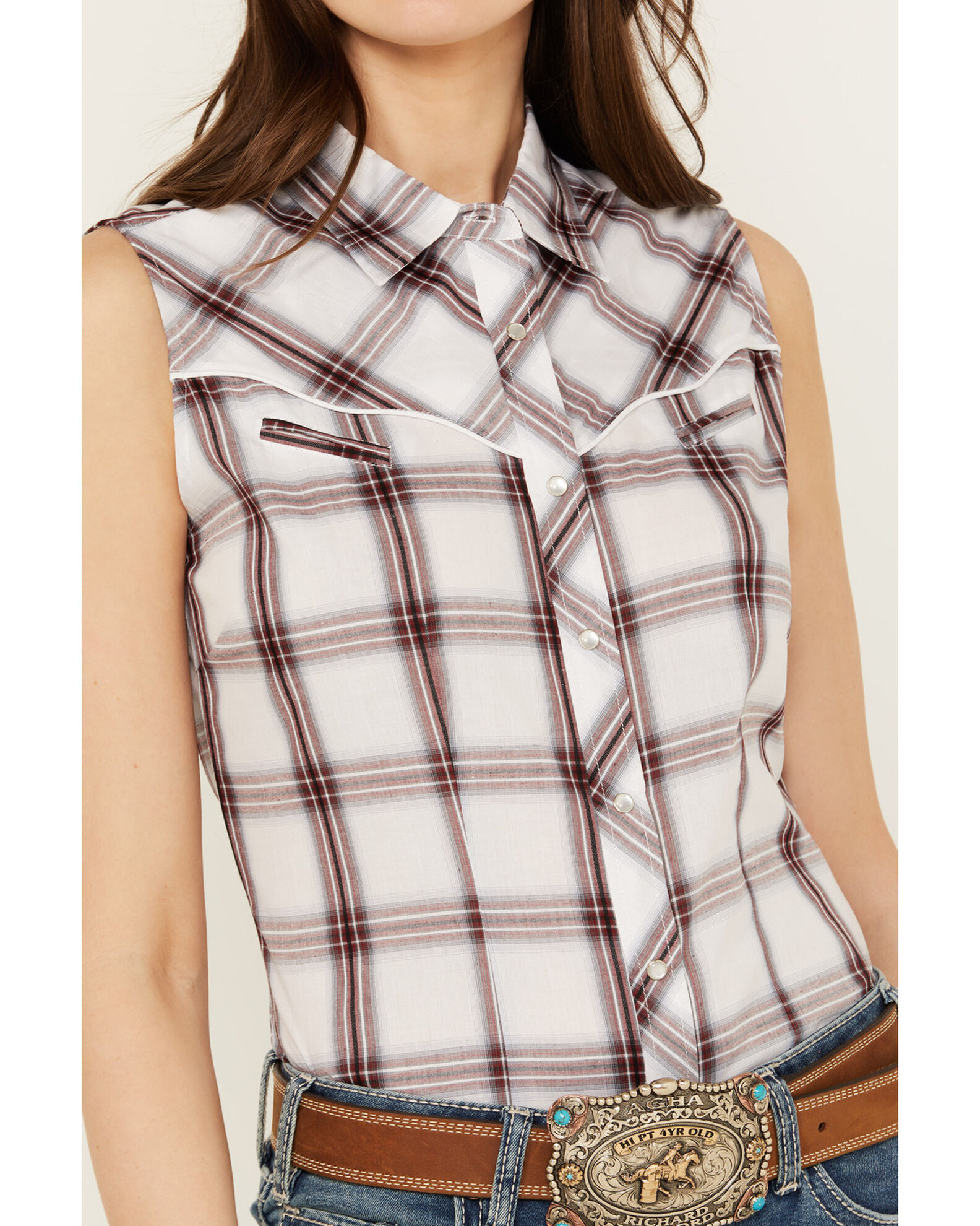 Sleeveless checked shirt womens hot sale