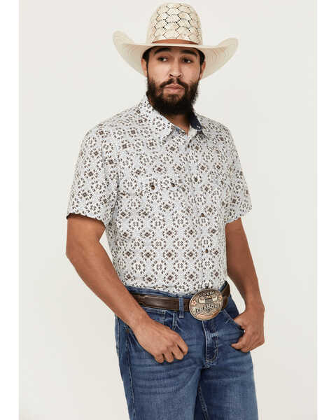Image #1 - Cody James Men's High Plains Southwestern Print Short Sleeve Snap Western Shirt , Light Blue, hi-res