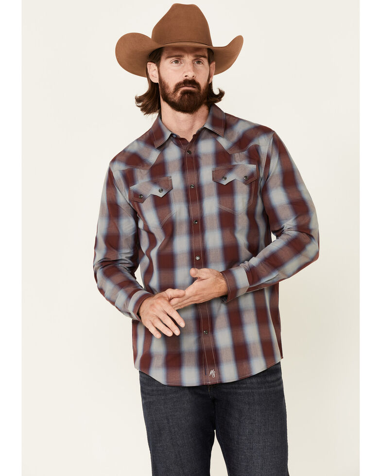 Moonshine Spirit Men's Sun Downer Large Plaid Long Sleeve Snap Western Shirt , Blue/red, hi-res