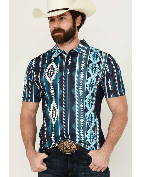 Image #1 - RANK 45® Men's Monrovia Southwestern Striped Short Sleeve Polo Shirt , Dark Blue, hi-res