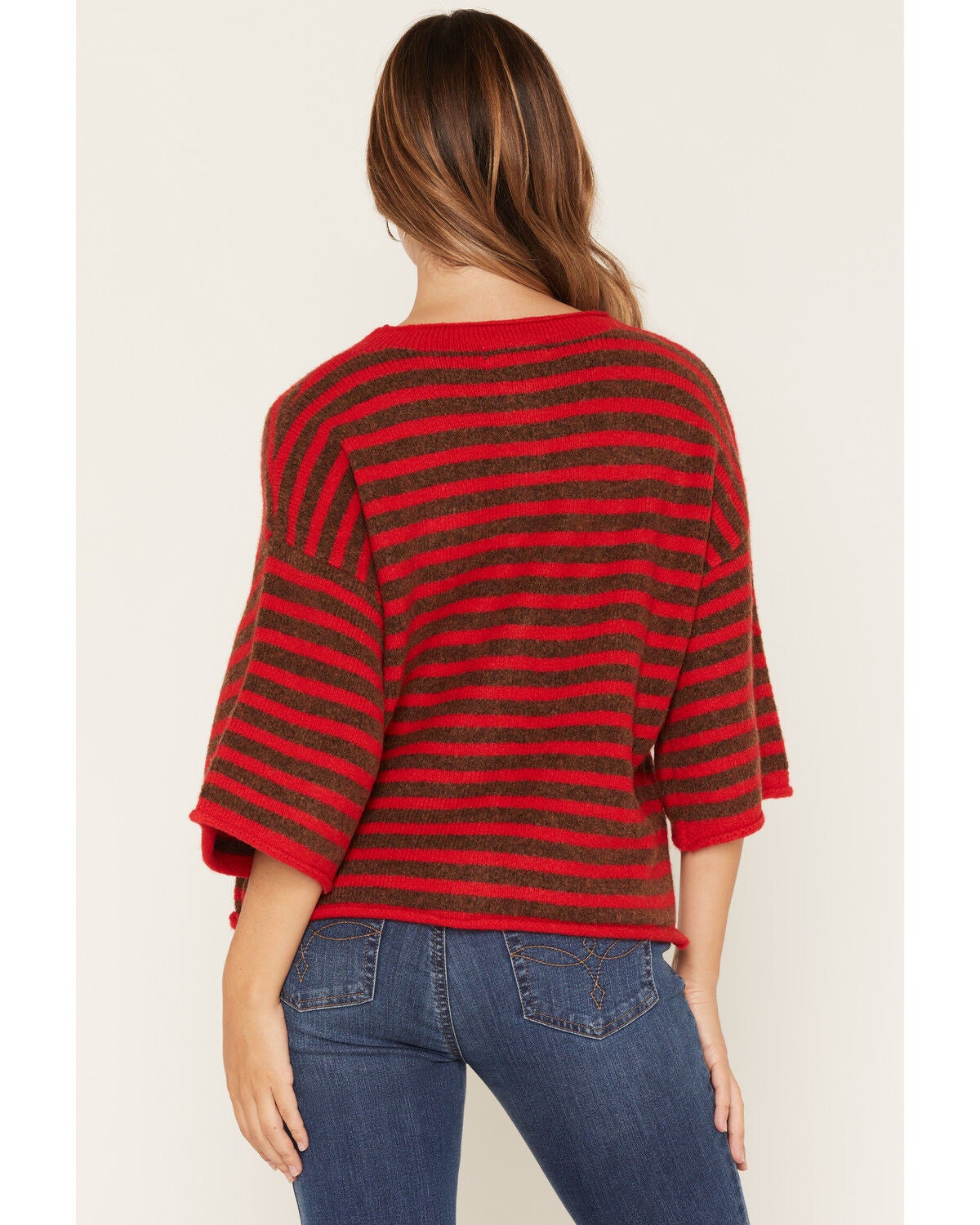 Image #4 - By Together Women's Striped Short Sleeve Button-Down Sweater, Red, hi-res