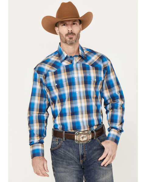 Roper Men's Amarillo Plaid Print Long Sleeve Western Snap Shirt, Blue, hi-res