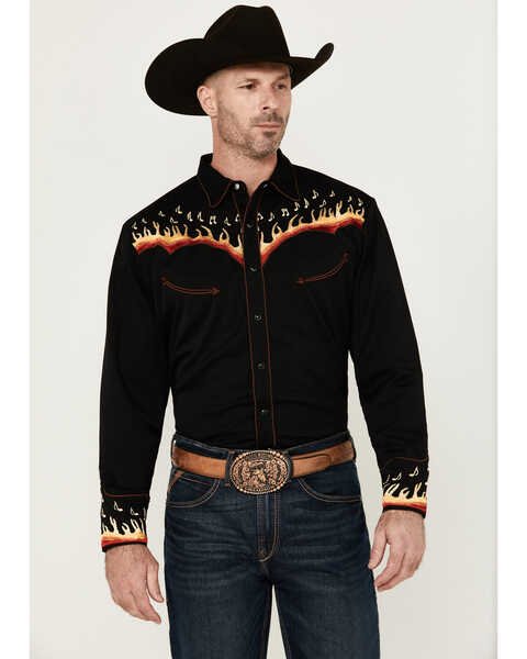 Image #1 - Scully Men's Music Note Flame Embroidered Long Sleeve Snap Western Shirt , Black, hi-res