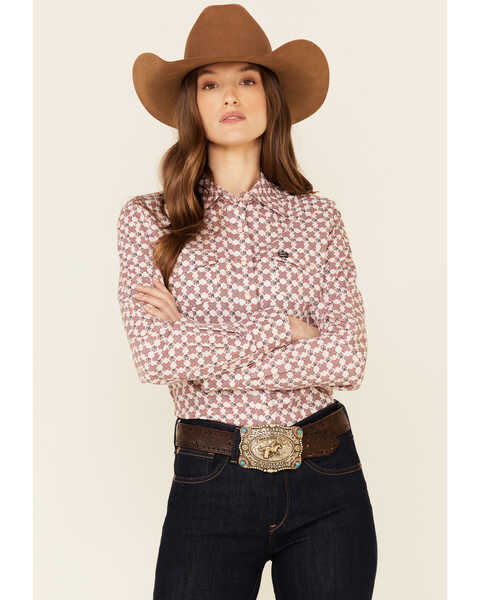 Image #1 - Cinch Women's Pink Geo Print Long Sleeve Snap Western Core Shirt , Pink, hi-res