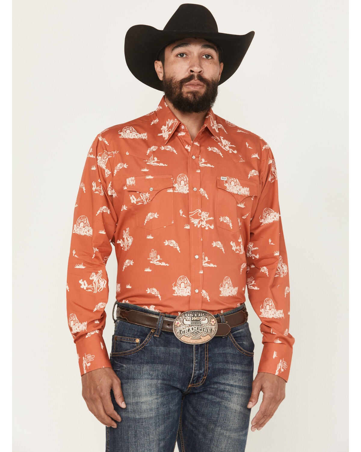 Ely Walker Men's Horse Print Long Sleeve Snap Western Shirt, Dark Orange, hi-res