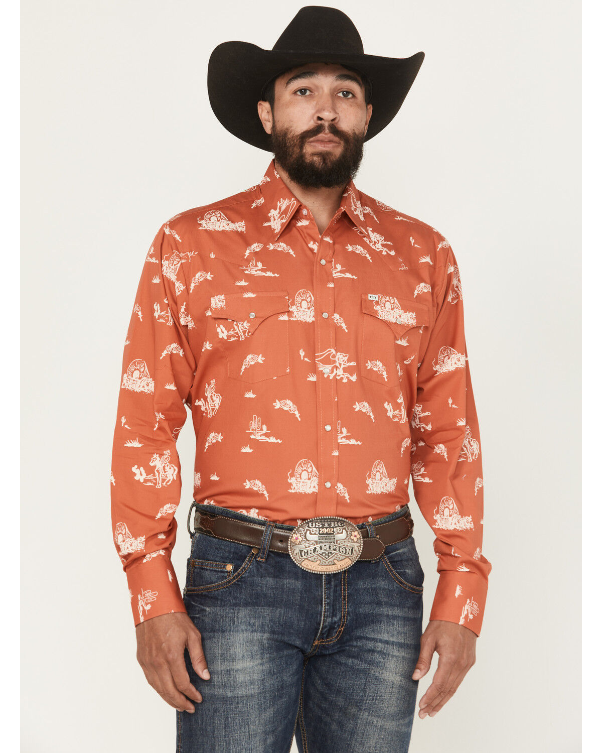 Image #1 - Ely Walker Men's Horse Print Long Sleeve Snap Western Shirt, Dark Orange, hi-res