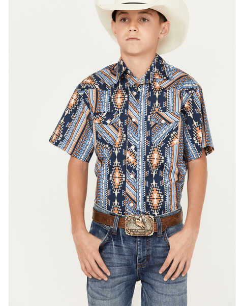Image #1 - Rock & Roll Denim Boys' Southwestern Short Sleeve Pearl Snap Western Shirt, Multi, hi-res