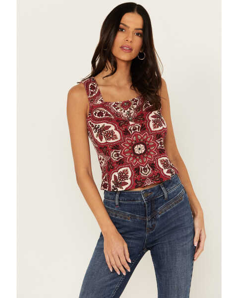 Image #1 - Idyllwind Women's Linmar Printed Button-Down Tank , Dark Red, hi-res