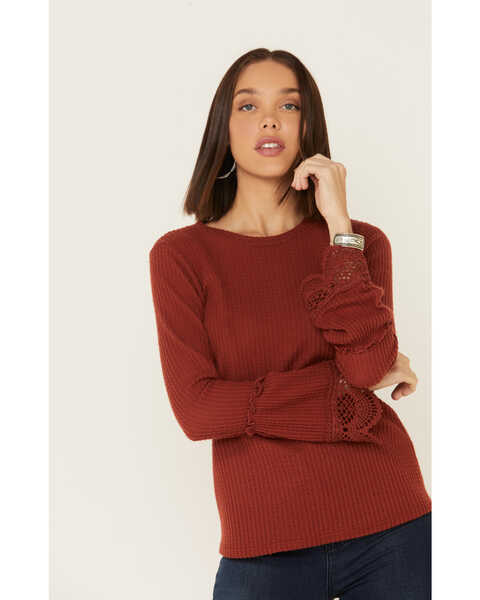 Image #1 - Moa Moa Women's Rust Brushed Thermal Bell Sleeve Top , Rust Copper, hi-res