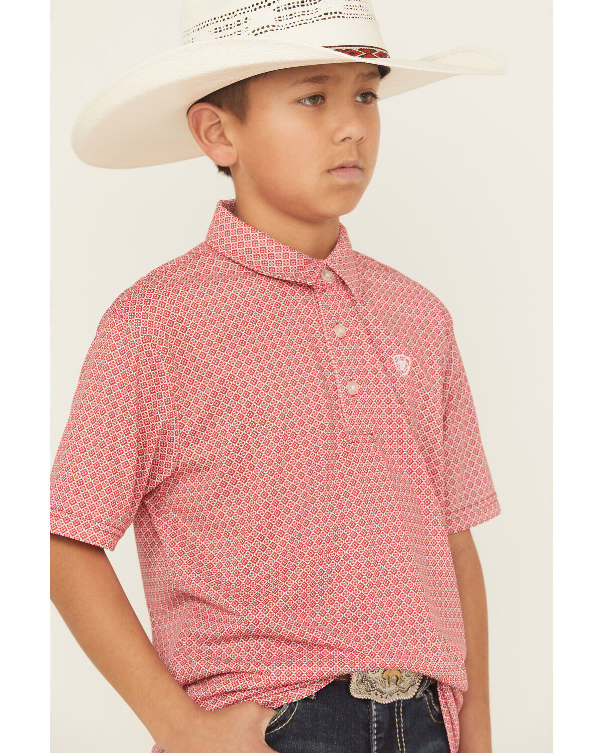 Image #2 - Ariat Boys' Geo Print Short Sleeve Button-Down Polo, Red, hi-res