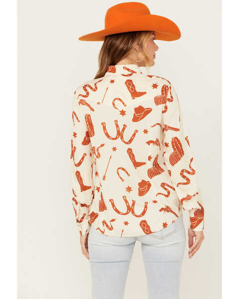 Image #4 - Cotton & Rye Women's Snake and Boot Conversation Print Long Sleeve Pearl Snap Western Shirt , Cream, hi-res