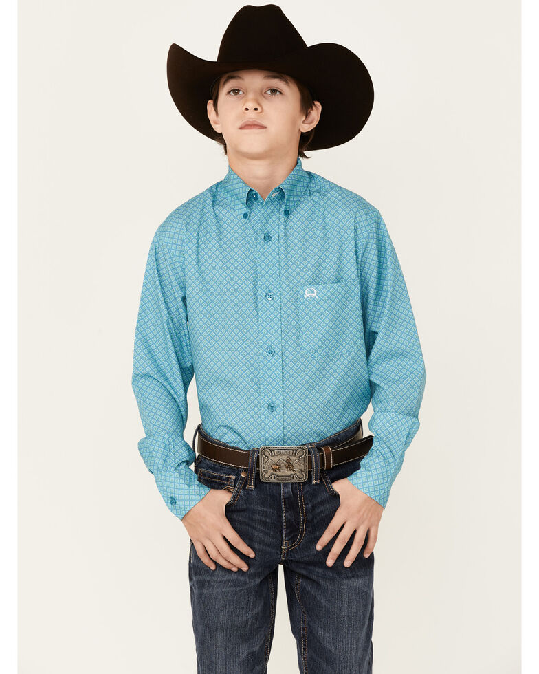 Cinch Boys' ArenaFlex Print Long Sleeve Button-Down Shirt, Blue, hi-res