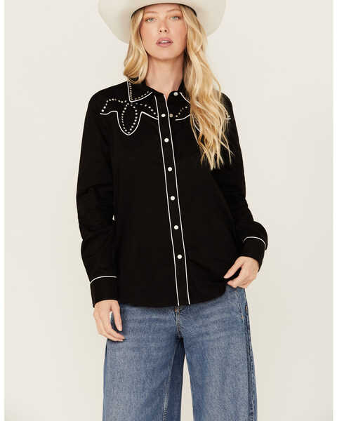 Panhandle Women's Retro Studded Long Sleeve Snap Western Shirt , Black, hi-res