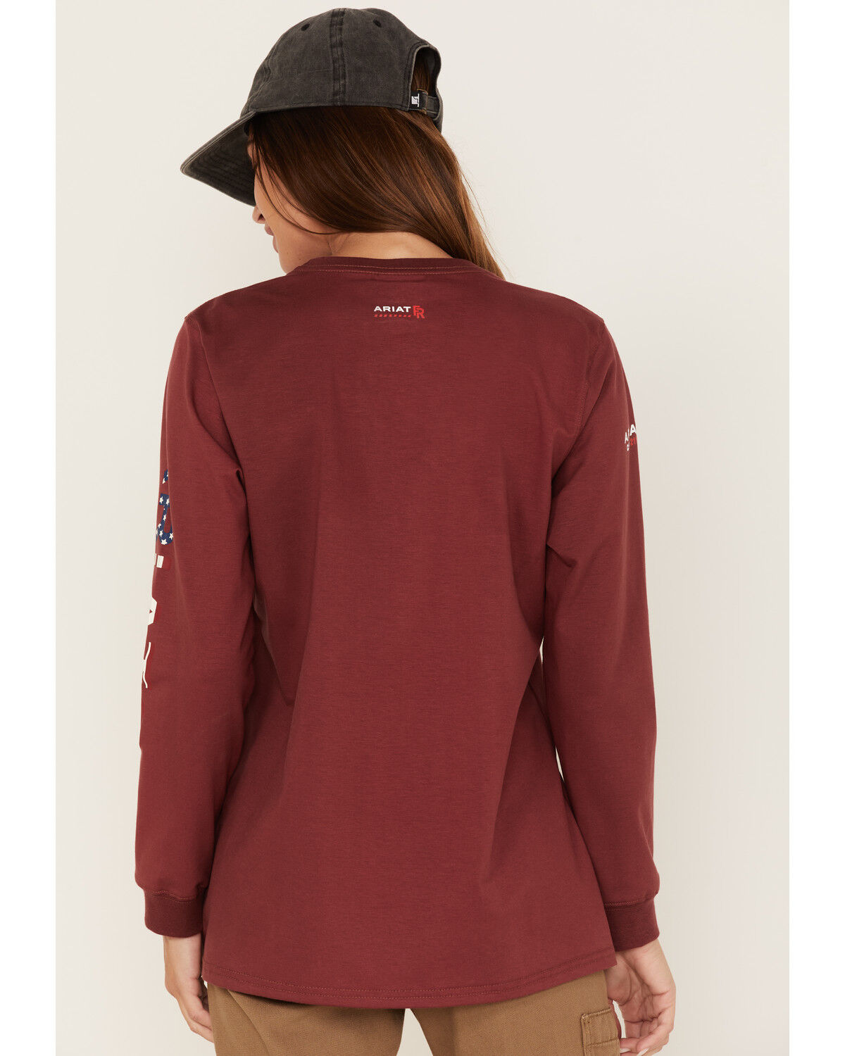 Image #4 - Ariat Women's FR Stretch USA Logo Long Sleeve Work T-Shirt, Dark Red, hi-res