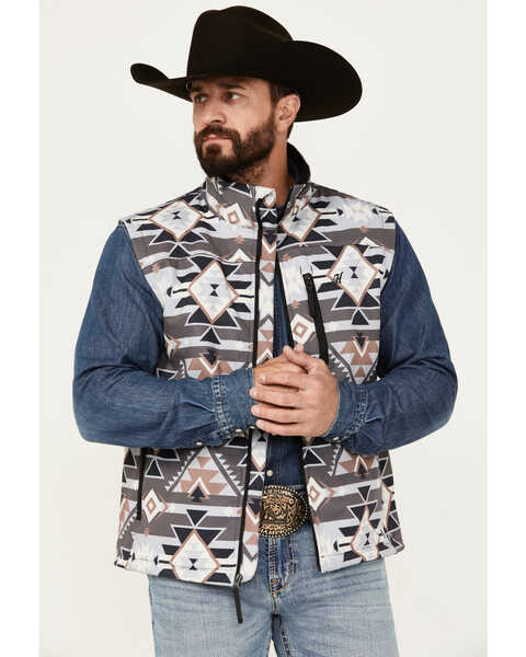 Hooey Men's Southwestern Print Softshell Vest , Grey, hi-res