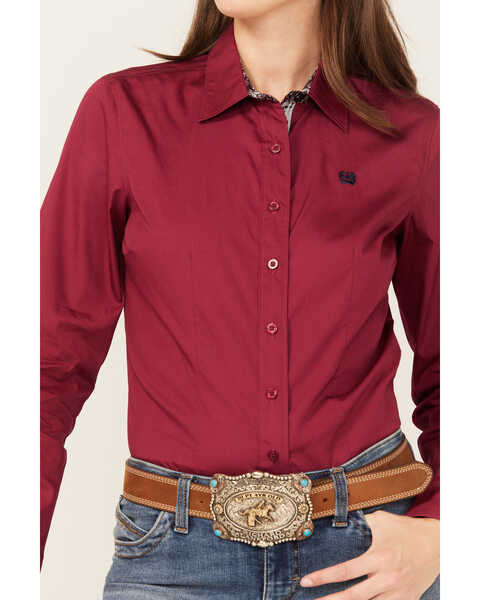 Image #3 - Cinch Women's Solid Long Sleeve Button Down Western Shirt, Burgundy, hi-res
