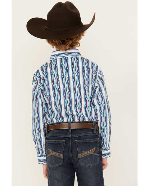 Image #4 - Wrangler Boys' Checotah Striped Long Sleeve Pearl Snap Western Shirt, Blue, hi-res
