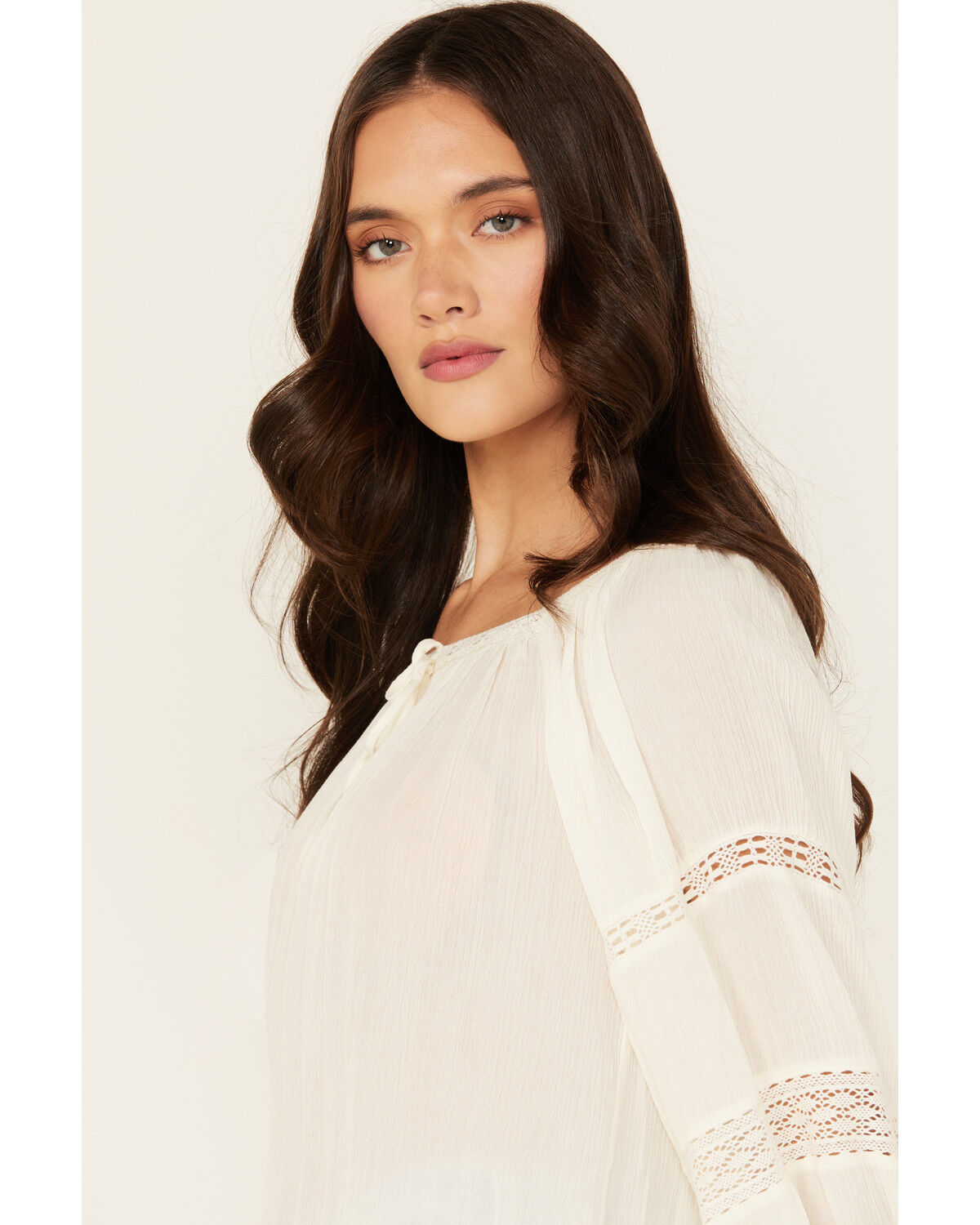 Image #2 - Jolt Women's Lace Trim Peasant Top, Ivory, hi-res
