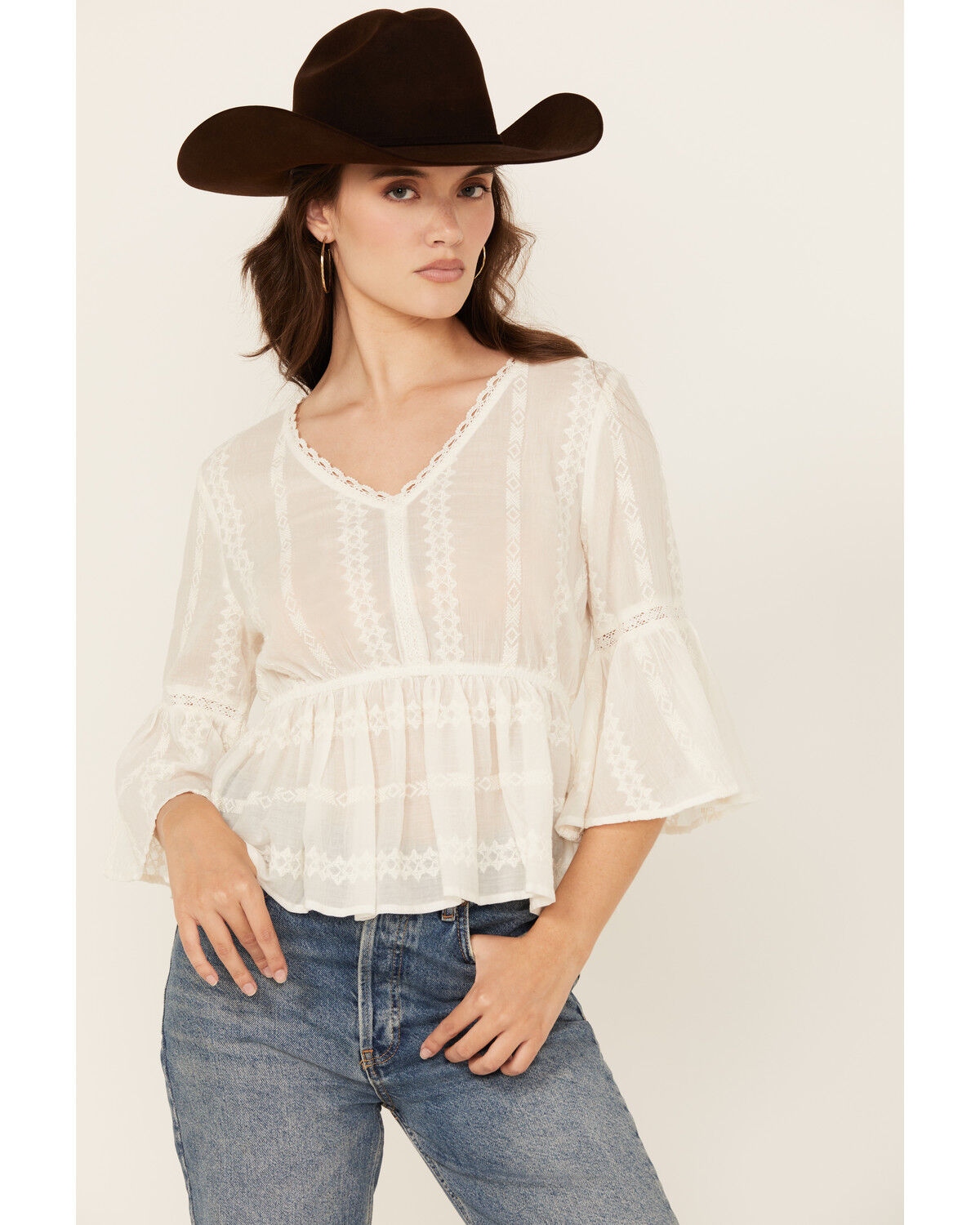 Image #1 - Shyanne Women's Inset Lace Embroidered Peasant Top, White, hi-res