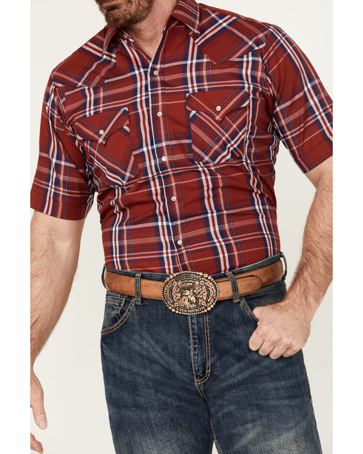 Image #6 - Ely Walker Men's Plaid Print Short Sleeve Pearl Snap Western Shirt, Red, hi-res