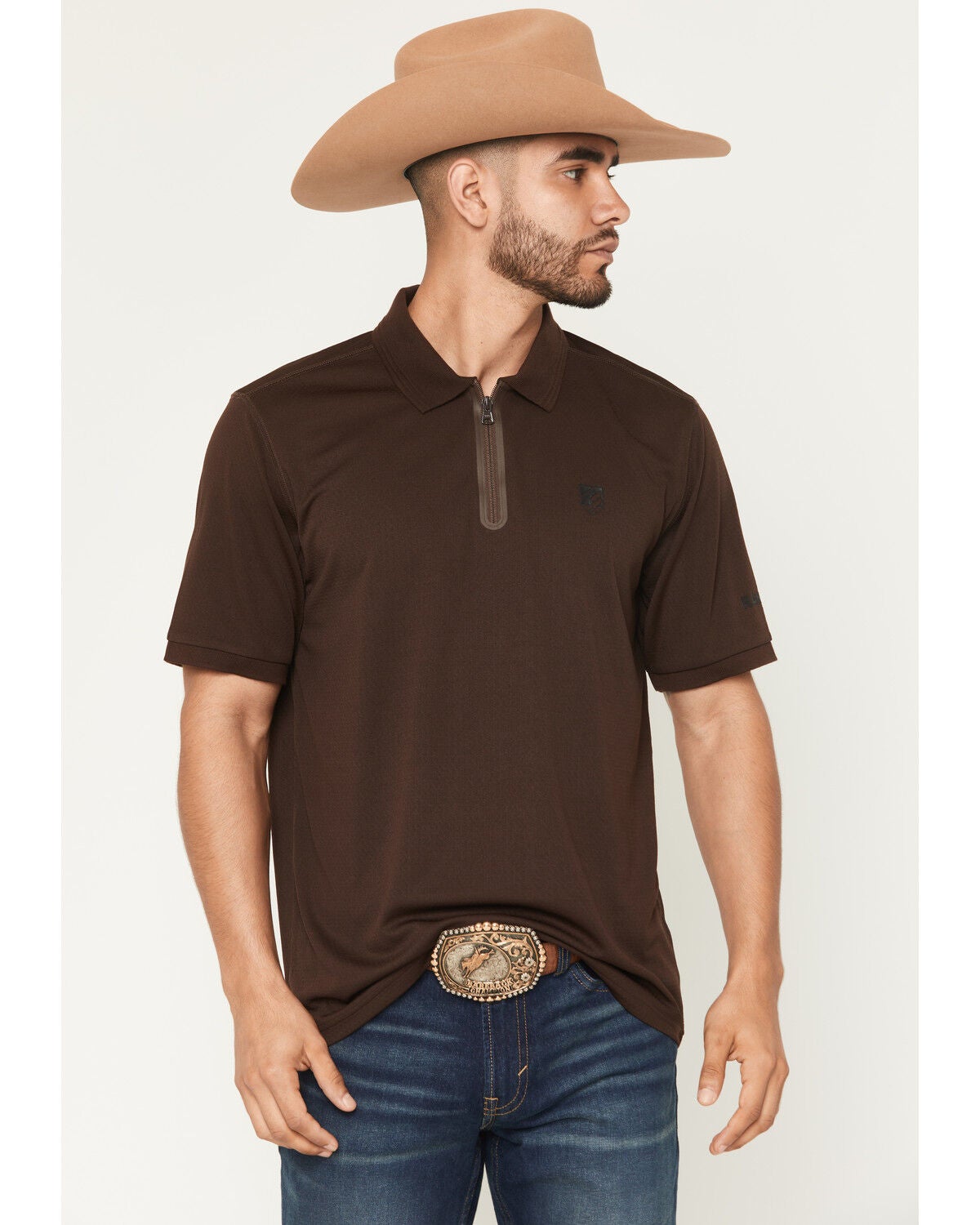Image #1 - RANK 45&reg; Men's Rigged Solid Zipper Polo, Brown, hi-res