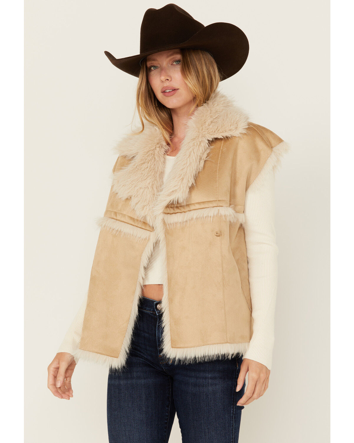 Image #1 - Revel Women's Faux Suede Fur Vest, Tan, hi-res