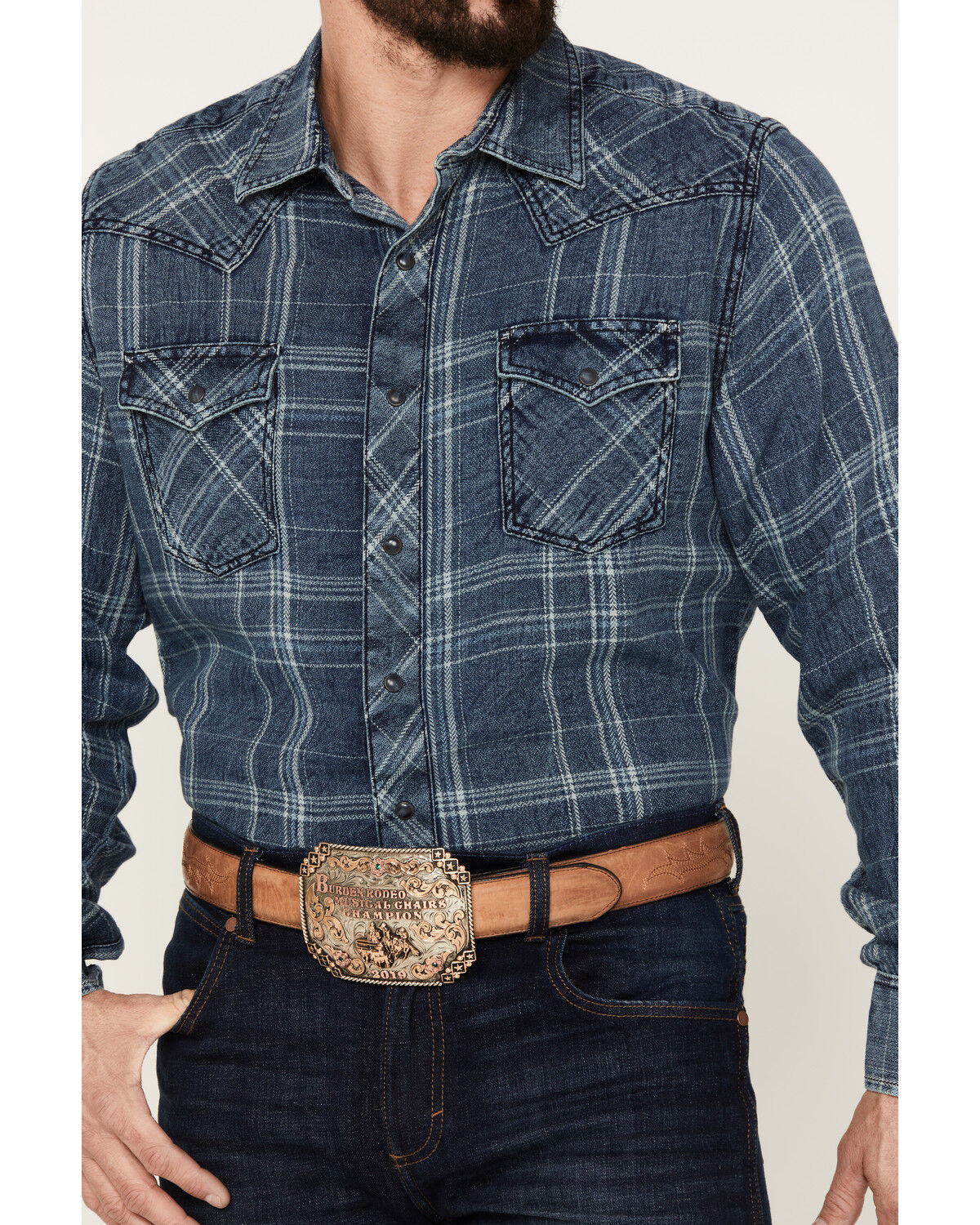 Image #3 - Wrangler Retro Men's Plaid Long Sleeve Western Snap Shirt, Indigo, hi-res