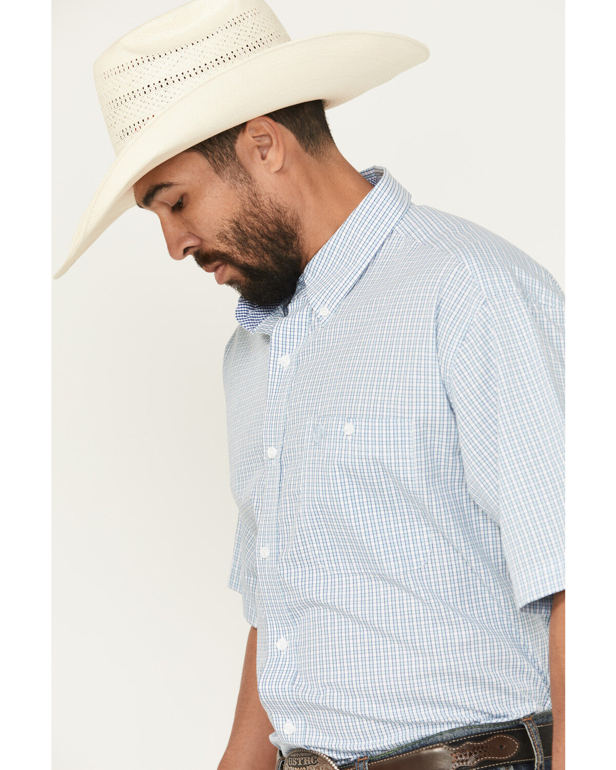 Image #2 - George Strait by Wrangler Men's Plaid Print Short Sleeve Button-Down Stretch Western Shirt, Blue, hi-res