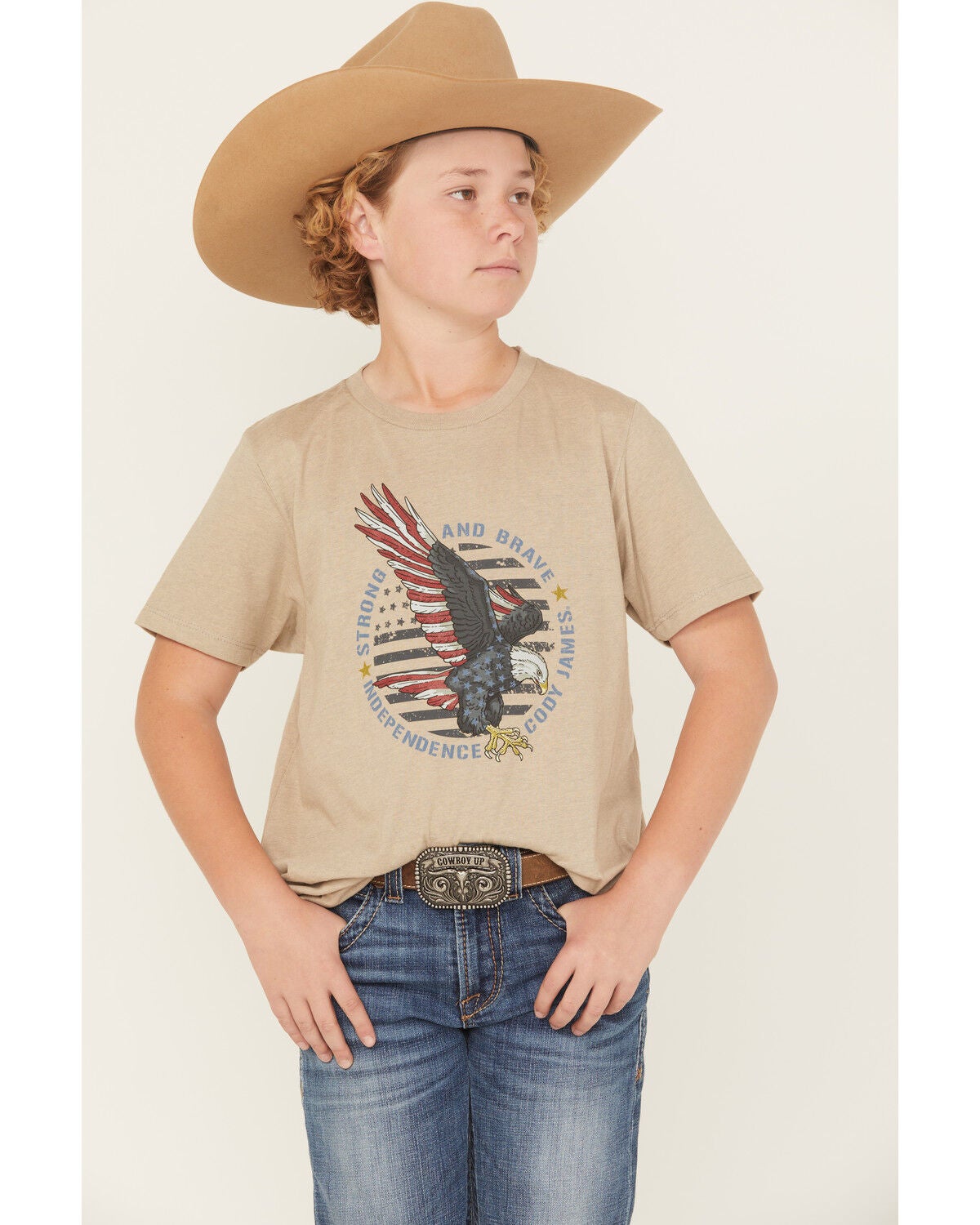 Cody James Boys' Hit Strong And Brave Short Sleeve Graphic T-Shirt, Tan, hi-res