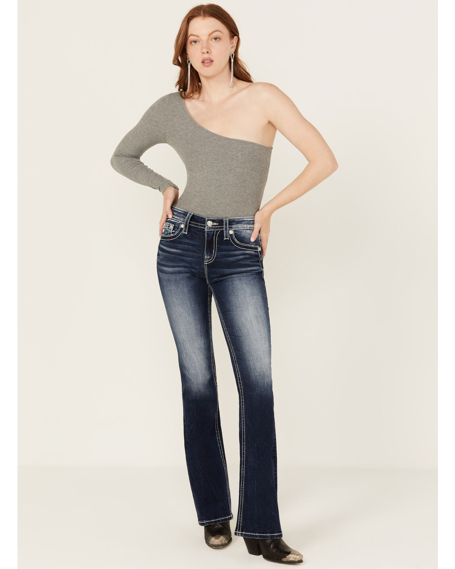 Product Name: Miss Me Women's Dark Wash Mid Rise Cross Pocket Stretch  Bootcut Jeans