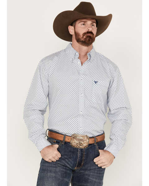 Cowboy Hardware Men's Puzzle Star Geo Long Sleeve Button Down Western Shirt, White, hi-res