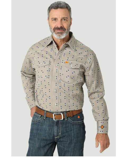 Wrangler 20X Men's FR Southwestern Geo Print Long Sleeve Pearl Snap Western Work Shirt, Tan, hi-res
