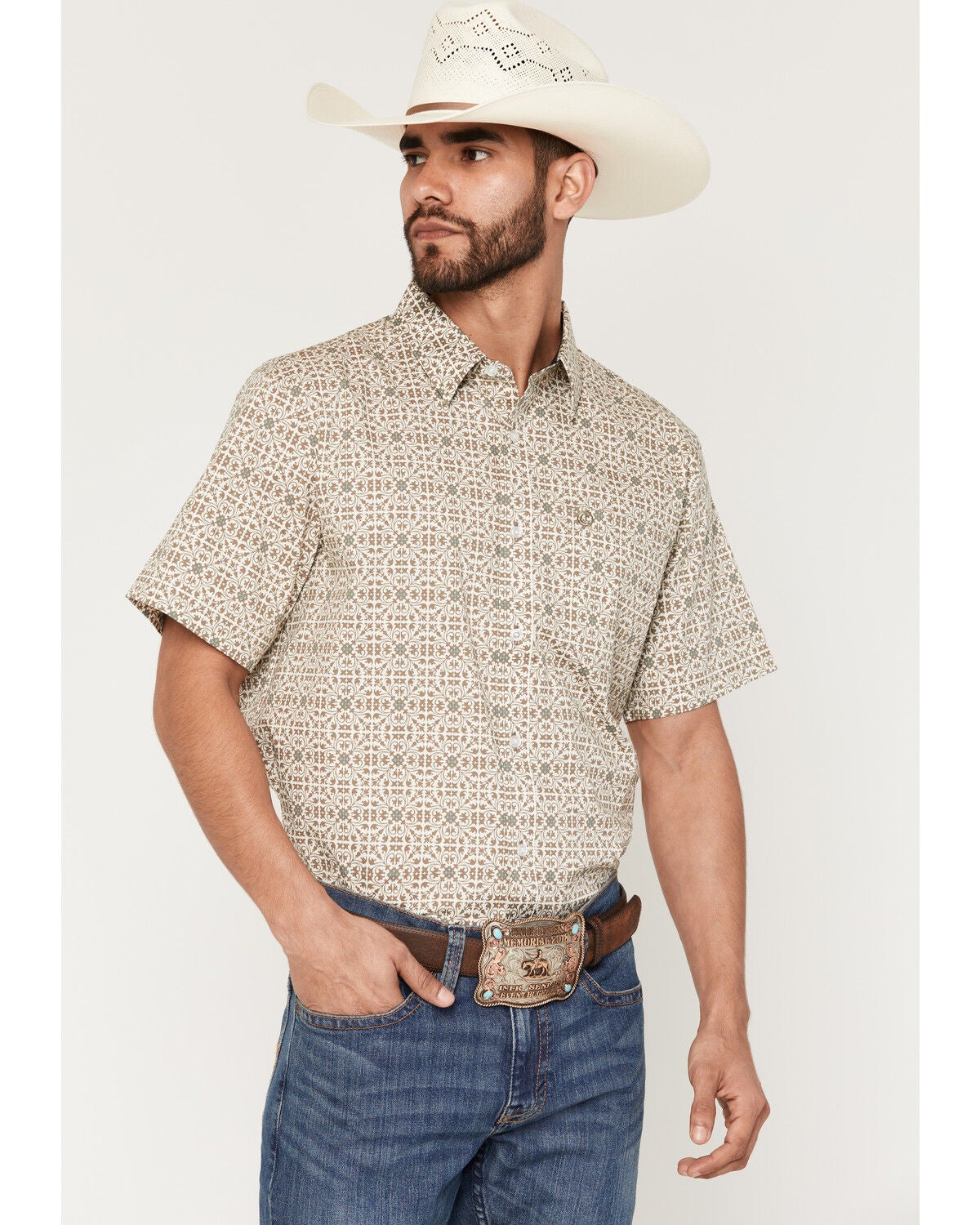 Cody James Men's Mind Trap Geo Print Short Sleeve Button-Down Stretch Western Shirt, Cream, hi-res
