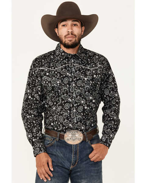 Image #1 - Cowboy Hardware Men's Mosaic Paisley Print Long Sleeve Snap Western Shirt, Black, hi-res