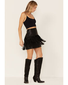 Stetson Women's Black Lamb Leather Fringe Mini Skirt, Black, hi-res