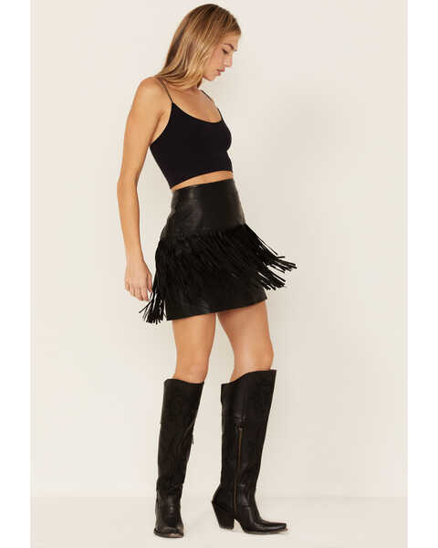 Image #1 - Stetson Women's Black Lamb Leather Fringe Mini Skirt, , hi-res
