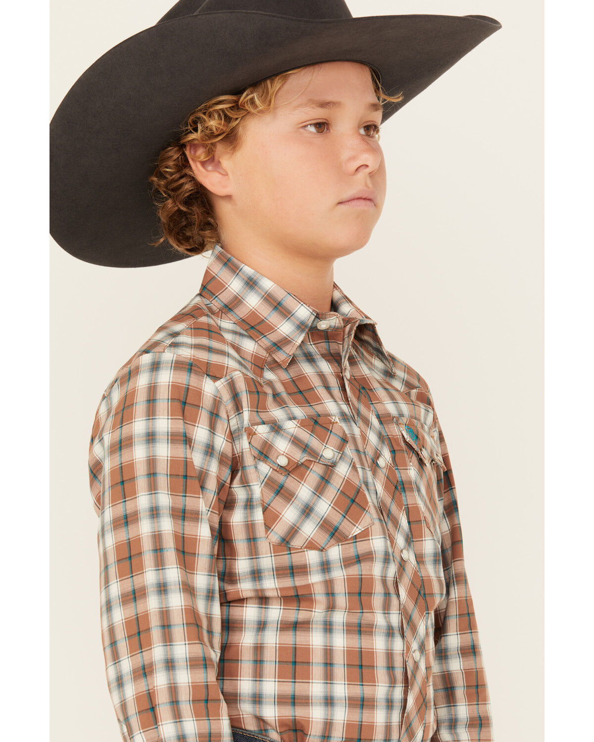 Image #2 - Wrangler Retro Boys' Plaid Print Long Sleeve Snap Western Shirt, Brown, hi-res