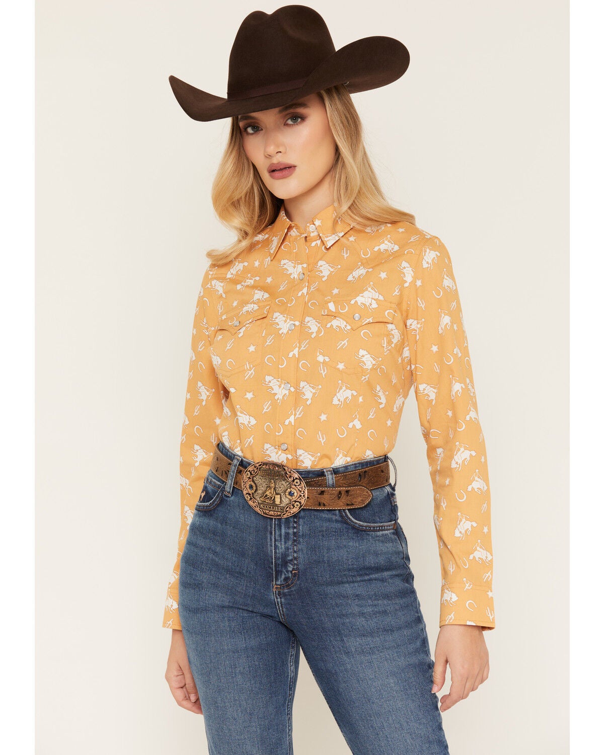 Wrangler Retro Women's Boot Barn Exclusive Rider Long Sleeve Snap Western Shirt, Mustard, hi-res