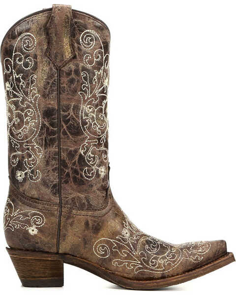 Corral Girls' Brown Cowhide Embroidered Cowgirl Boot - Snip Toe, Brown, hi-res