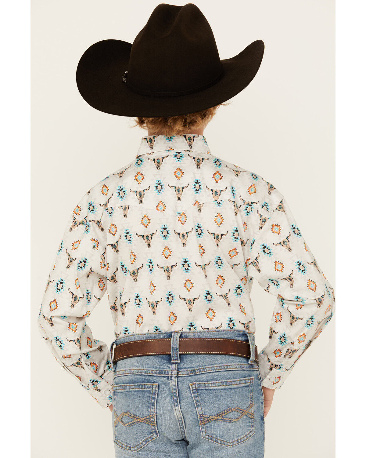 Image #4 - Rock & Roll Denim Boys' Steer Head Southwestern Print Long Sleeve Pearl Snap Stretch Western Shirt, White, hi-res