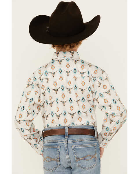 Image #4 - Rock & Roll Denim Boys' Steer Head Southwestern Print Long Sleeve Pearl Snap Stretch Western Shirt , White, hi-res