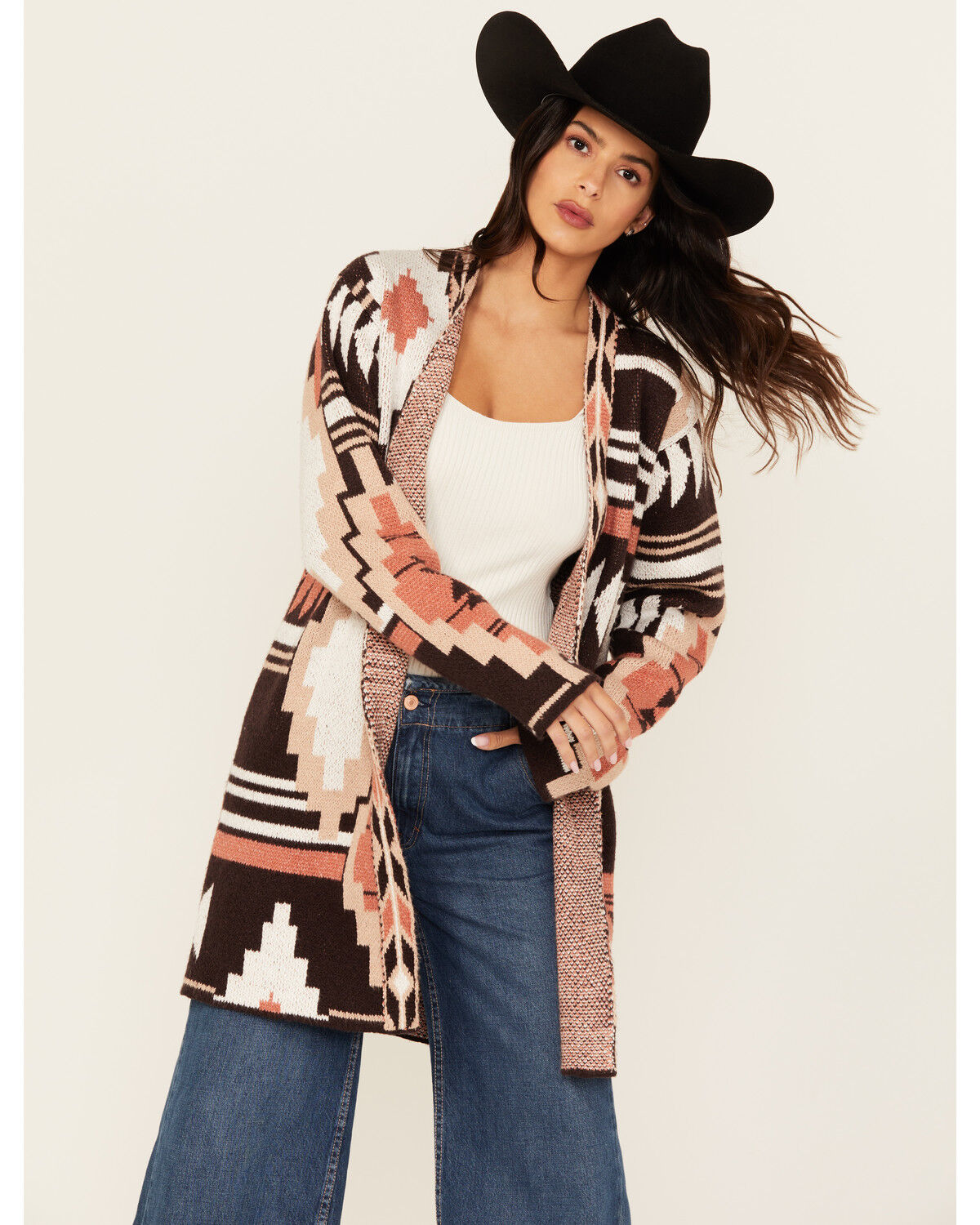 Image #1 - Shyanne Women's Southwestern Print Cardigan, Chocolate, hi-res