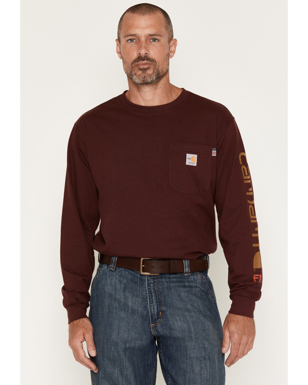 Image #1 - Carhartt Men's FR Force&reg; Loose Fit Lightweight Long Sleeve Pocket Work Shirt, Wine, hi-res